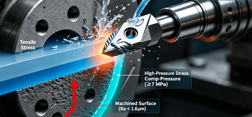 Cross-section technical illustration of a brake rotor undergoing High-Pressure Interrupted Turning (HPIT), showing the cutting insert, high-pressure coolant, and the induced compressive stress layer that counteracts operational thermal stresses.