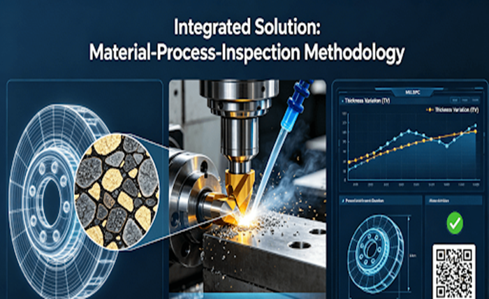 Diagram illustrating the three pillars of high-performance brake manufacturing: Material Science with metallurgy analysis, Precision CNC Machining with thermal management, and Digital Quality Control with SPC charts and traceability